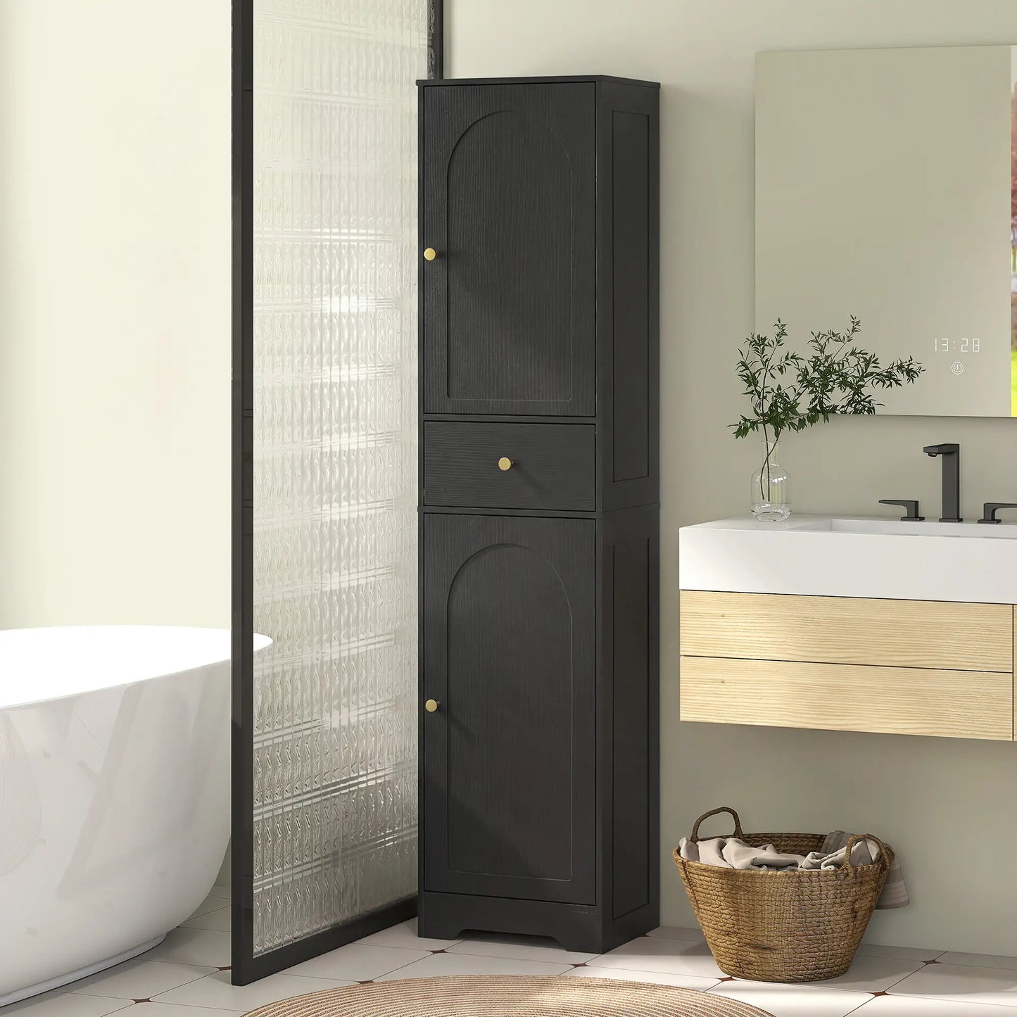 67" Tall Bathroom Cabinet, 2 Doors, Drawer, Adjustable Shelf, Black Wood Grain, Black Freestanding Bathroom Cabinets at Gallery Canada