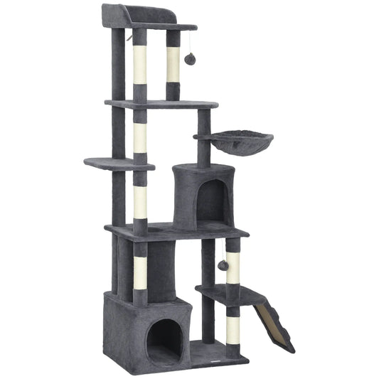 67 Inch Large Cat Tree, 7 Scratching Posts, Tunnel, 2 Condos, Hammock, Dark Grey Cat Towers Dark Grey, Cream White at Gallery Canada
