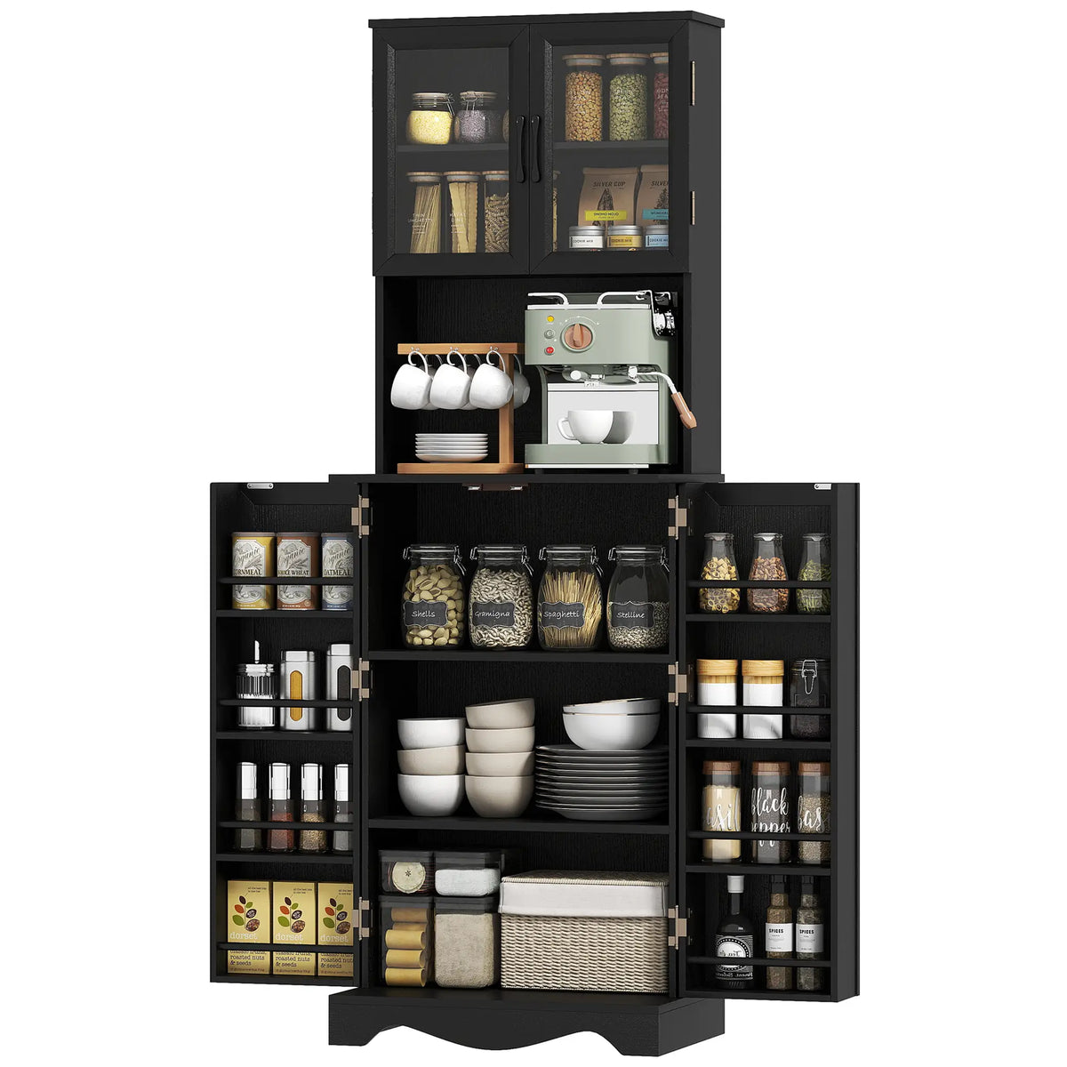 71 Inch Kitchen Pantry Cabinet, Freestanding Hutch, Black Kitchen Pantry Cabinets Black at Gallery Canada