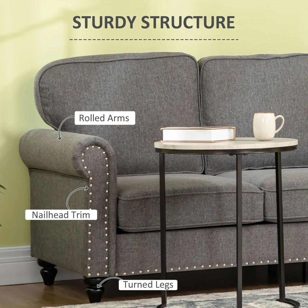 3-Seater Sofa, 81" Upholstered Linen Fabric, Rubberwood Legs, Grey 3-Seater Sofas at Gallery Canada