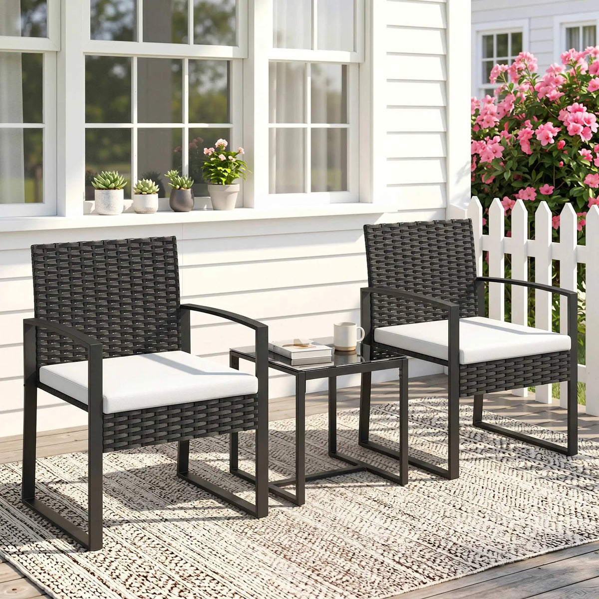 3 Piece Wicker Patio Set, Glass Top Table With Cushions, Cream White Bistro Sets at Gallery Canada