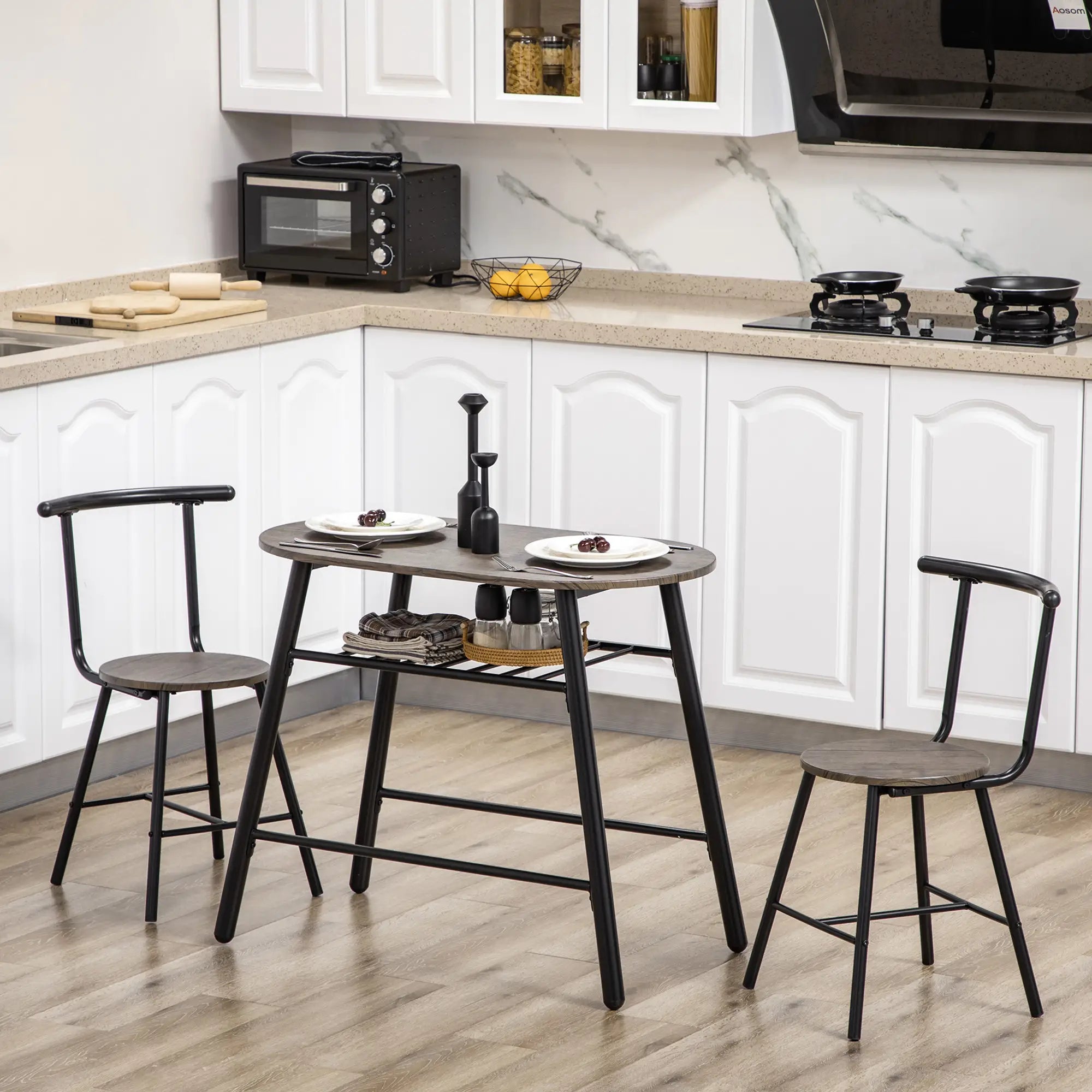 3-Piece Oval Dining Table Set, 2 Chairs, Metal Frame, 35.4
