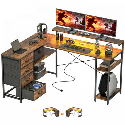 Gaming Desk With Power Outlets, LED Lights, Drawers, Monitor Stand, 61", Rustic Brown Gaming Desks at Gallery Canada