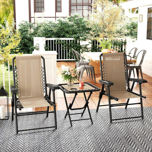 3 Piece Patio Bistro Set, Metal Outdoor Folding Table And Chairs, Khaki