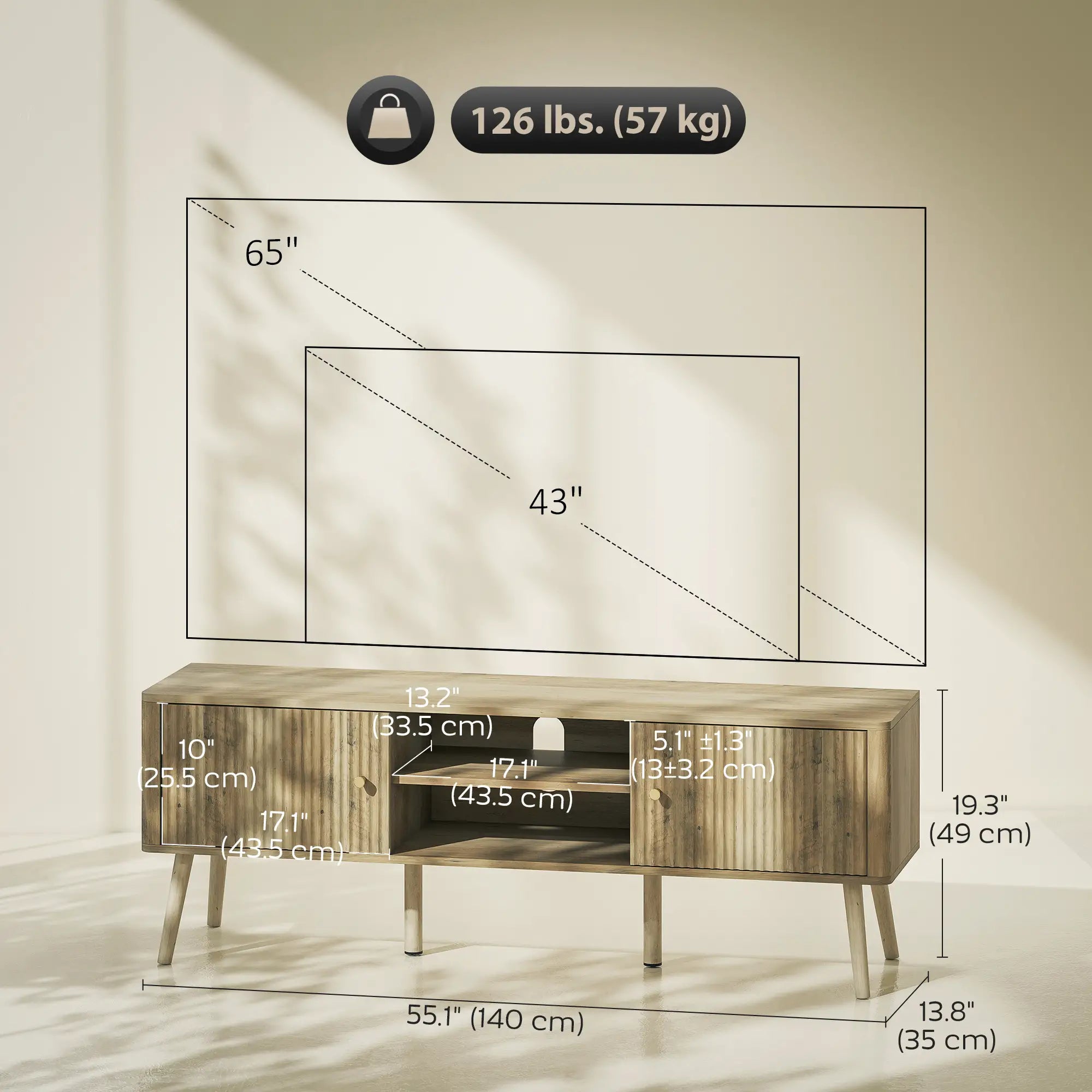 TV Stand for 65 Inch TV, Adjustable Shelves, Pine Wood Legs, Oak TV Stands at Gallery Canada