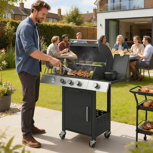 3 Burner Propane Gas Grill, 36,000 BTU, Cast Iron Grates, Wheels, Warming Rack