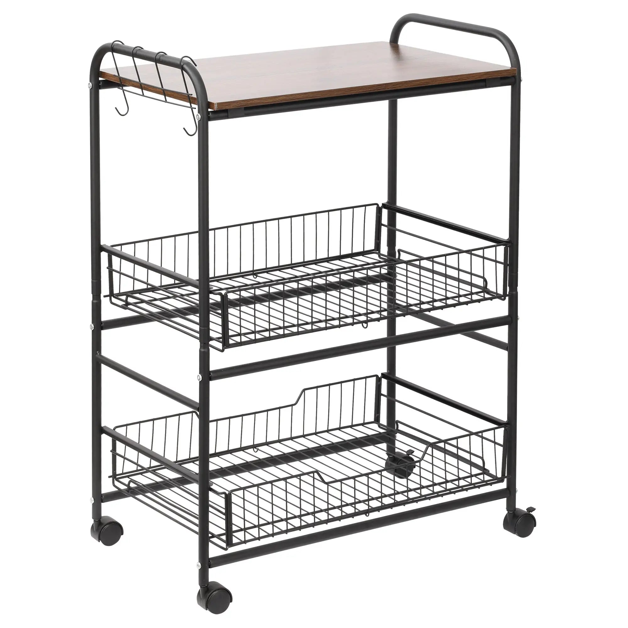 3-Tier Rolling Kitchen Cart, 2 Basket Drawers, Lockable Casters Kitchen Islands & Kitchen Carts Rustic Brown at Gallery Canada