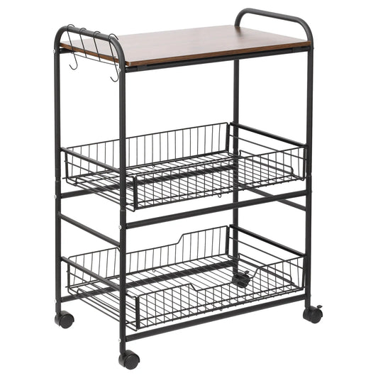 3-Tier Rolling Kitchen Cart, 2 Basket Drawers, Lockable Casters Kitchen Islands & Kitchen Carts Rustic Brown at Gallery Canada
