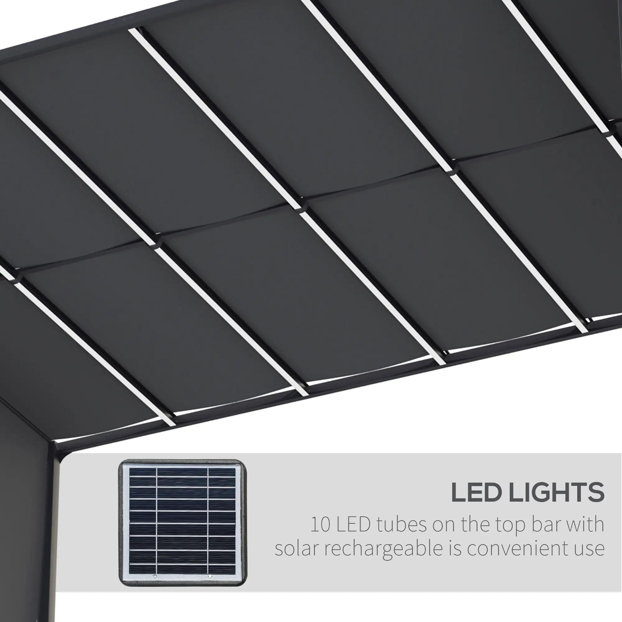 10' x 13' Outdoor Pergola, Sliding Roof, LED Lights, Solar, Dark Grey Pergolas at Gallery Canada