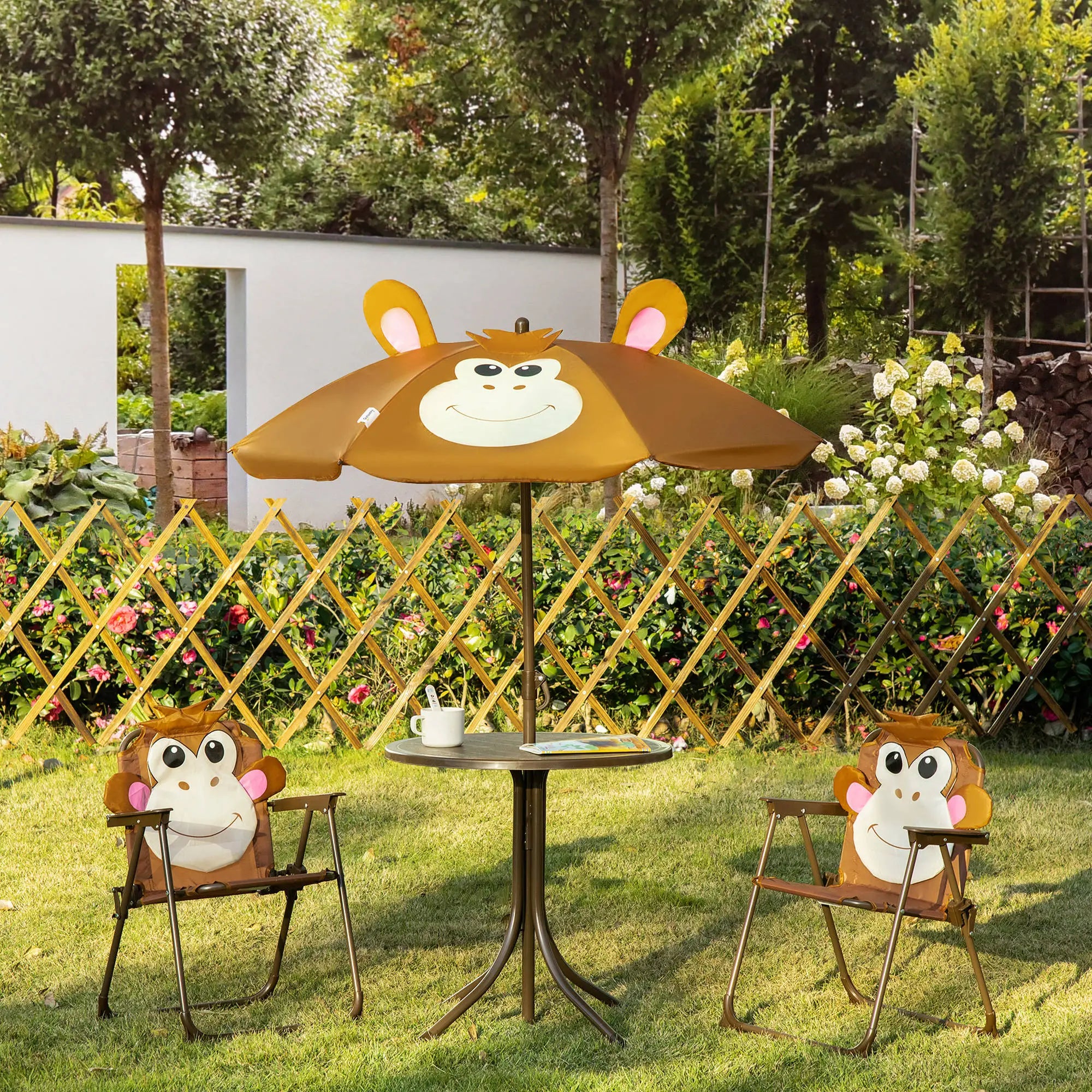 Kids Folding Picnic Table Chair Set with Adjustable Umbrella, Brown Kids Outdoor Furniture at Gallery Canada