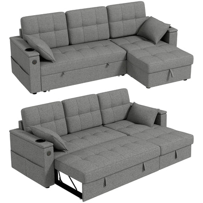 Convertible Sectional Sofa Bed, Pull Out Sleeper with USB, Chaise Storage, Grey Sofas & Reclining Chairs at Gallery Canada