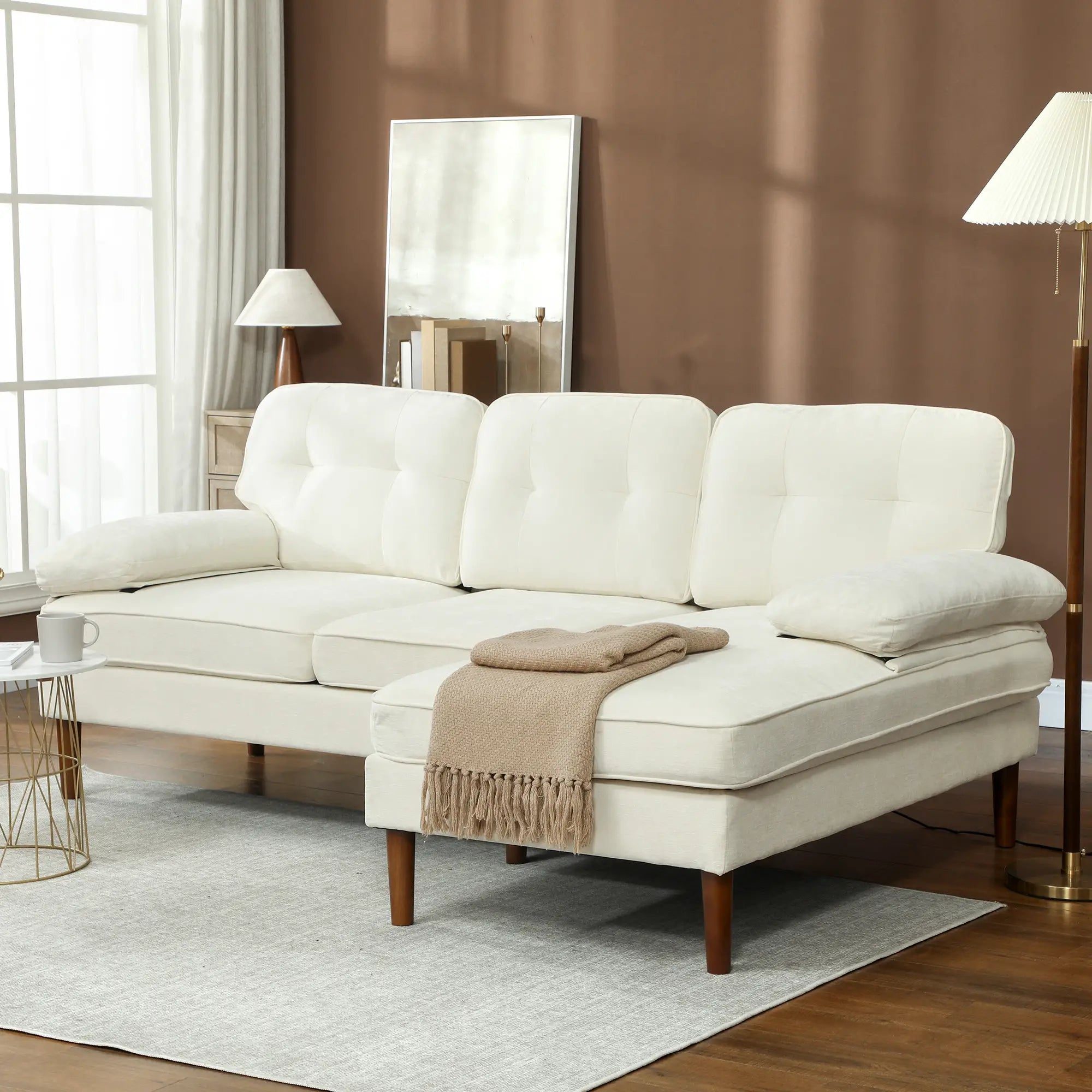 Modern Corner Couch, Right Chaise Lounge, Tufted 3-Seater Sofa, Wooden Legs, Cream White 3-Seater Sofas at Gallery Canada
