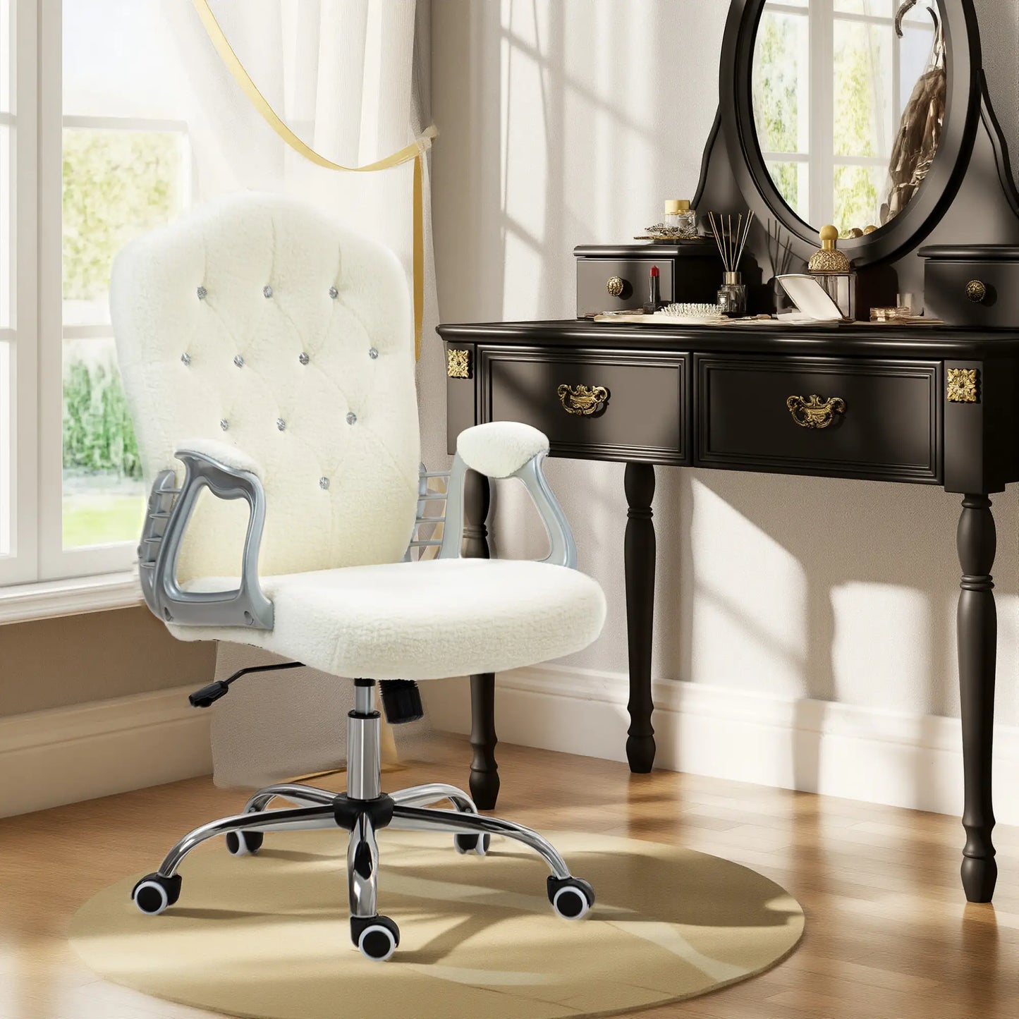 Teddy Fleece Computer Chair, Button Tufted, Swivel Wheels, Adjustable Height, White Executive & Manager Chairs at Gallery Canada