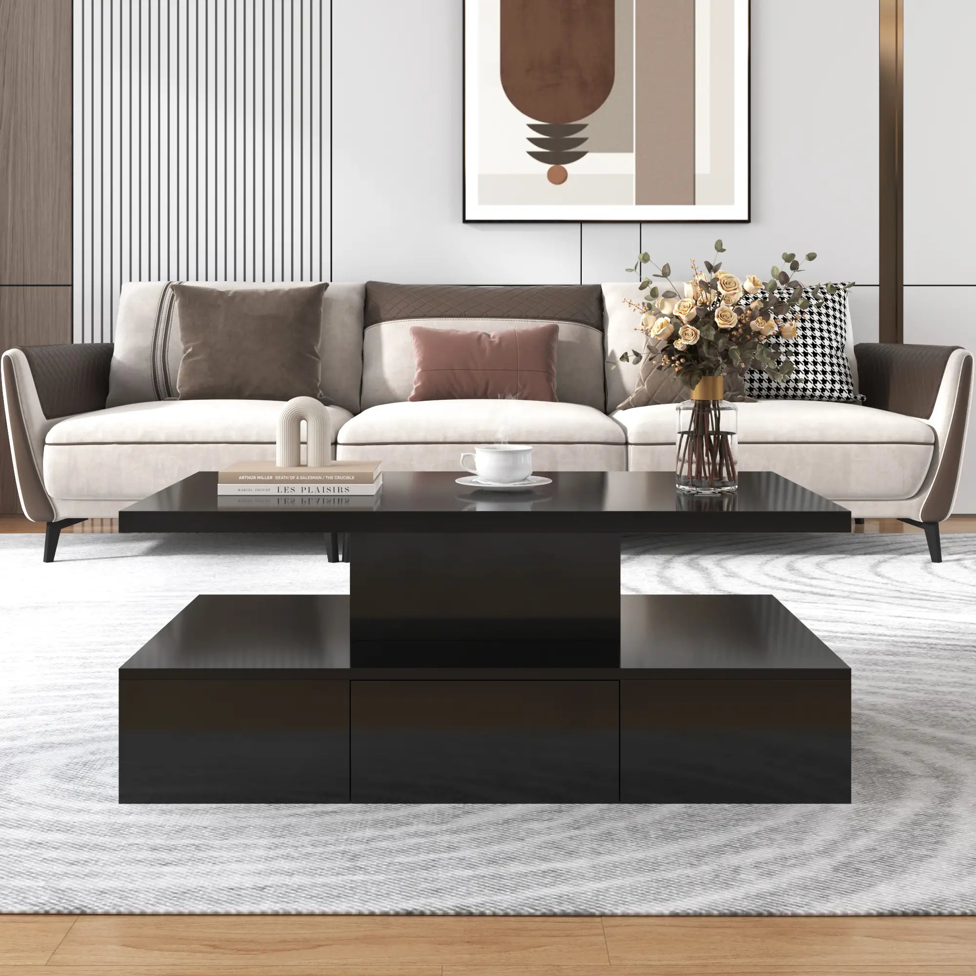 High-Gloss Coffee Table, Hidden Drawer, 39.5