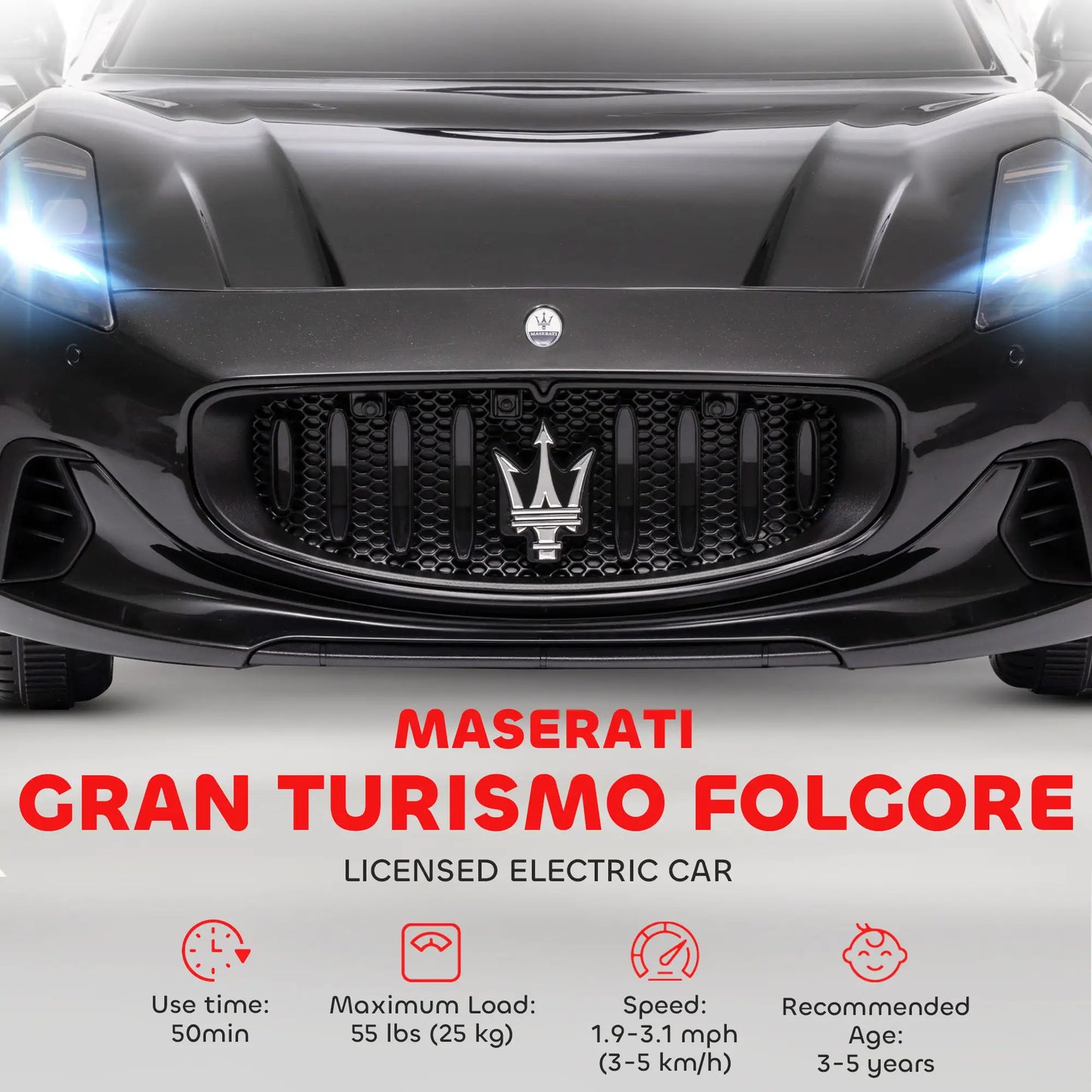 12V Maserati Kids Electric Car, Remote Control, LED Lights, MP3, Black Electric Toy Cars at Gallery Canada