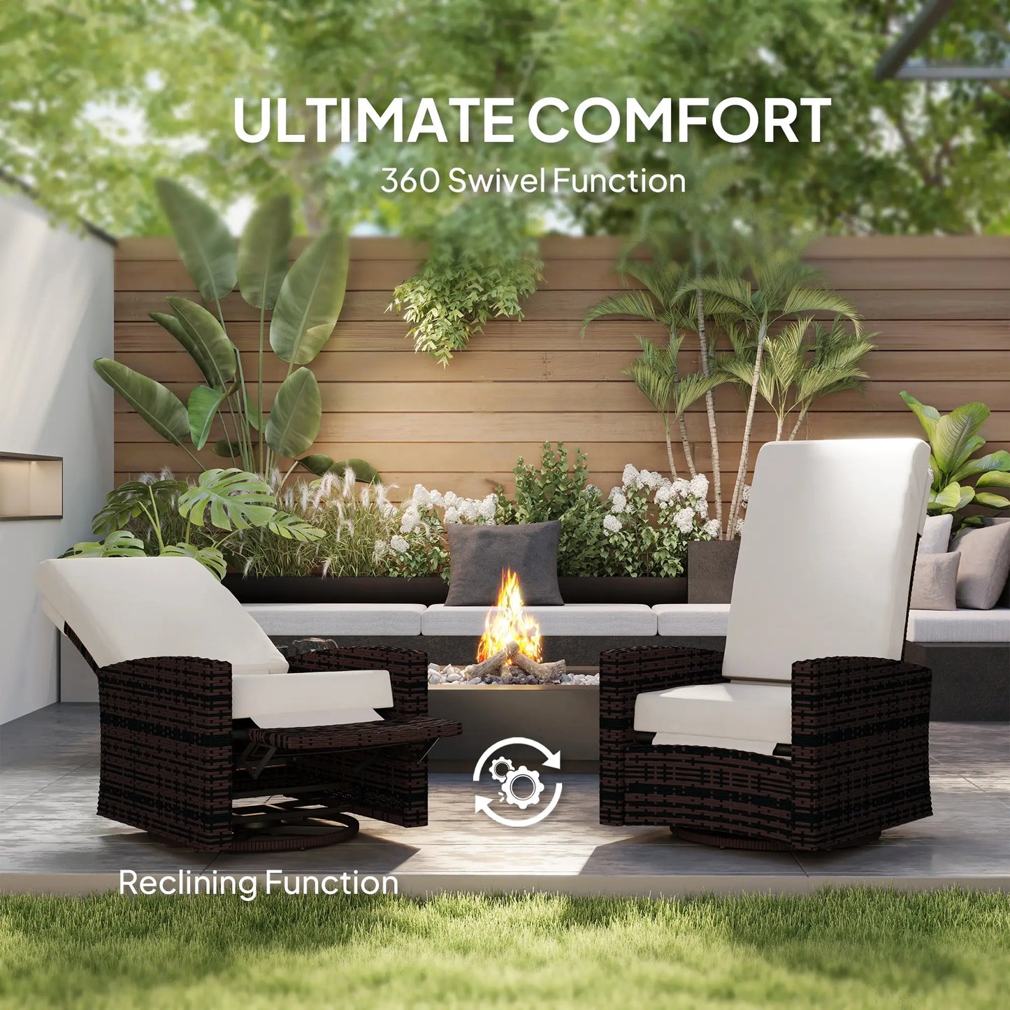 Outdoor Rattan Wicker Lounge Chair with Footrest, Soft Cushion, Khaki Patio Chairs at Gallery Canada