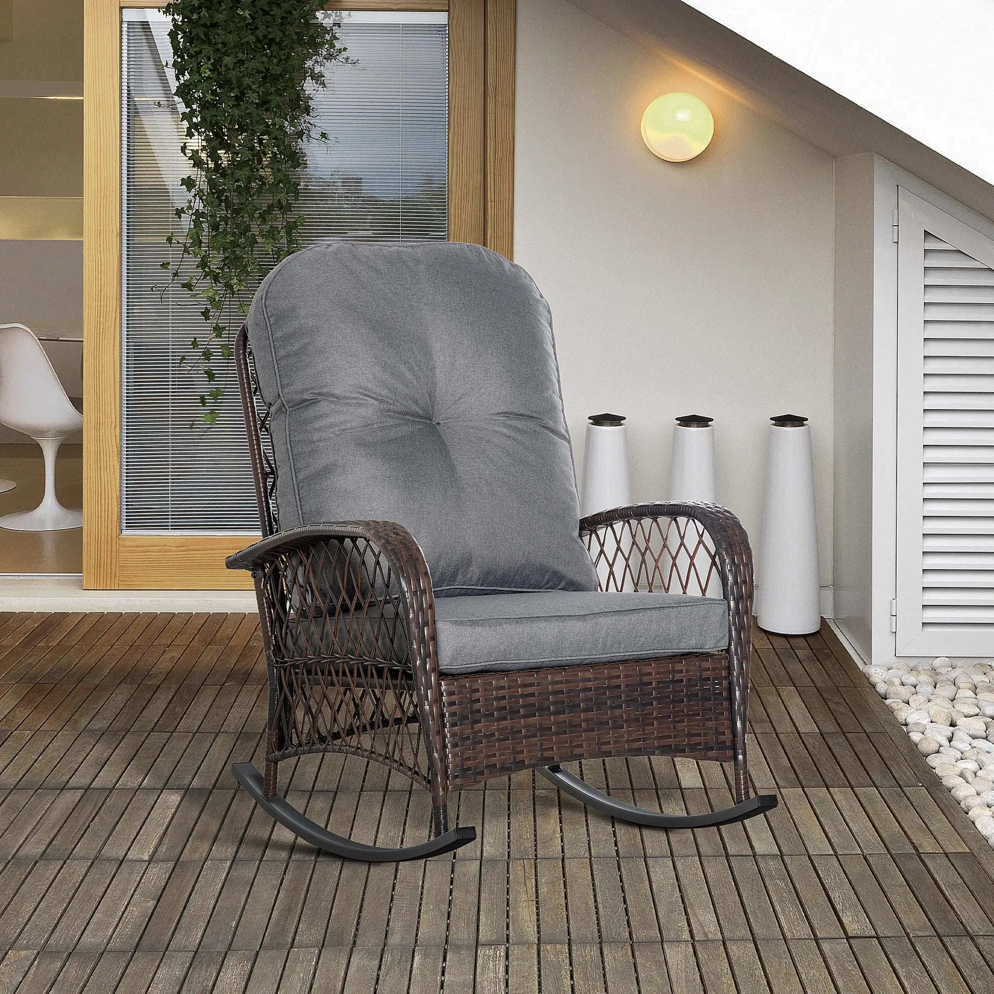 Rattan Rocking Chair, Outdoor Wicker Patio Rocker with Cushions, Grey Outdoor Rocking Chairs at Gallery Canada