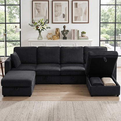 Canapé modulaire en velours côtelé en forme de U, pouf de rangement double, 4 coussins, gris foncé