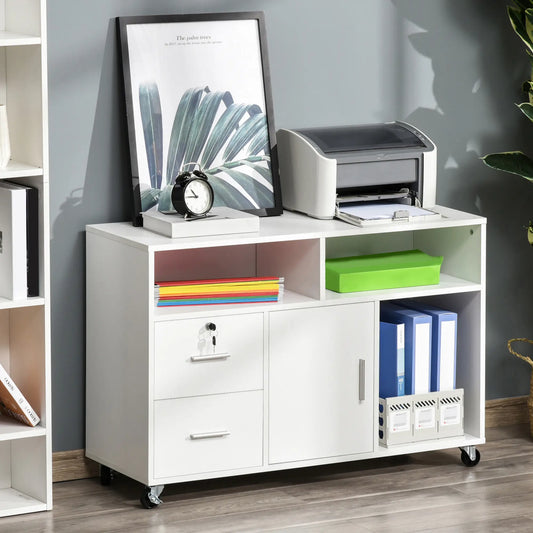 Lateral Filing Cabinet, Open Shelf, Mobile with Wheels, Lockable Drawer, White Office Cabinets & Cupboards White at Gallery Canada