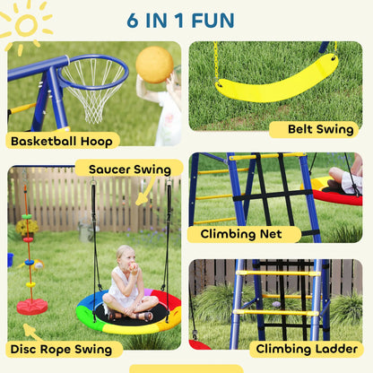 6 in 1 Kids Swing Set, Saucer Swing, Belt Swing, Disc Rope Swing, Ladder, Net, Basketball Hoop Gym Sets & Swings at Gallery Canada