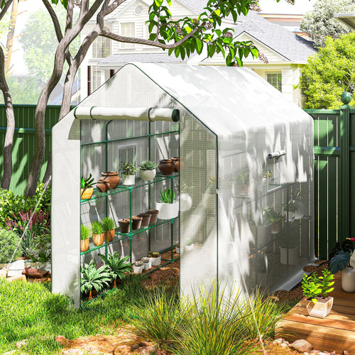 Walk-In Greenhouse, 3 Tier, Roll-Up Door, Mesh Windows, 140 x 213 x 190 cm, White
