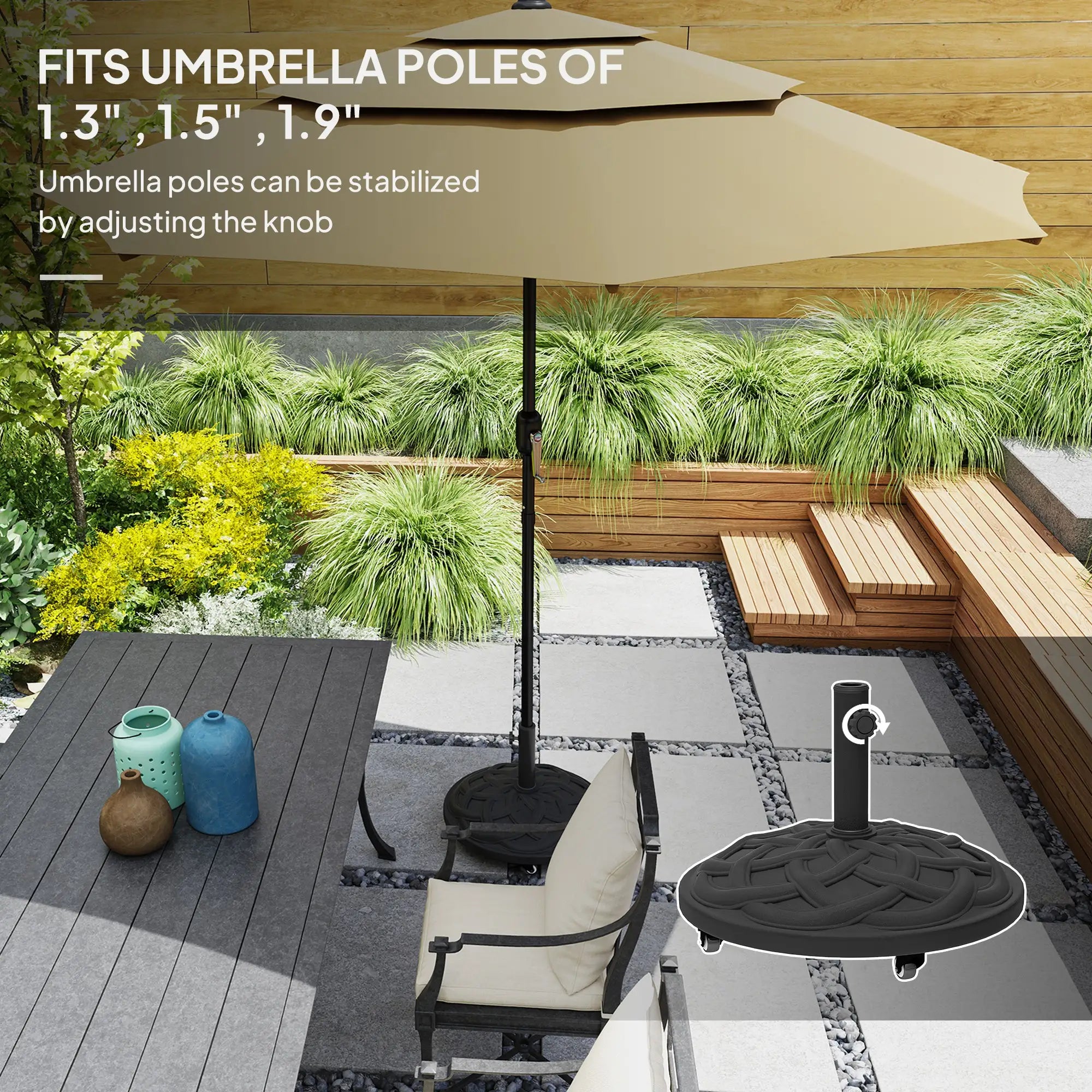 Round Patio Umbrella Base With Wheels, 44 Lbs Resin Stand, 1.3