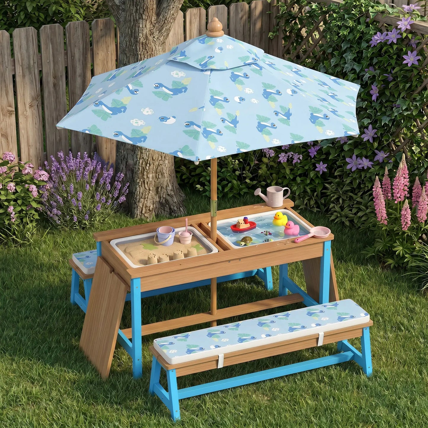 Kids Picnic Table Bench Set with Umbrella, Cushions, Boxes, Dinosaur Theme, Blue Kids Outdoor Furniture at Gallery Canada