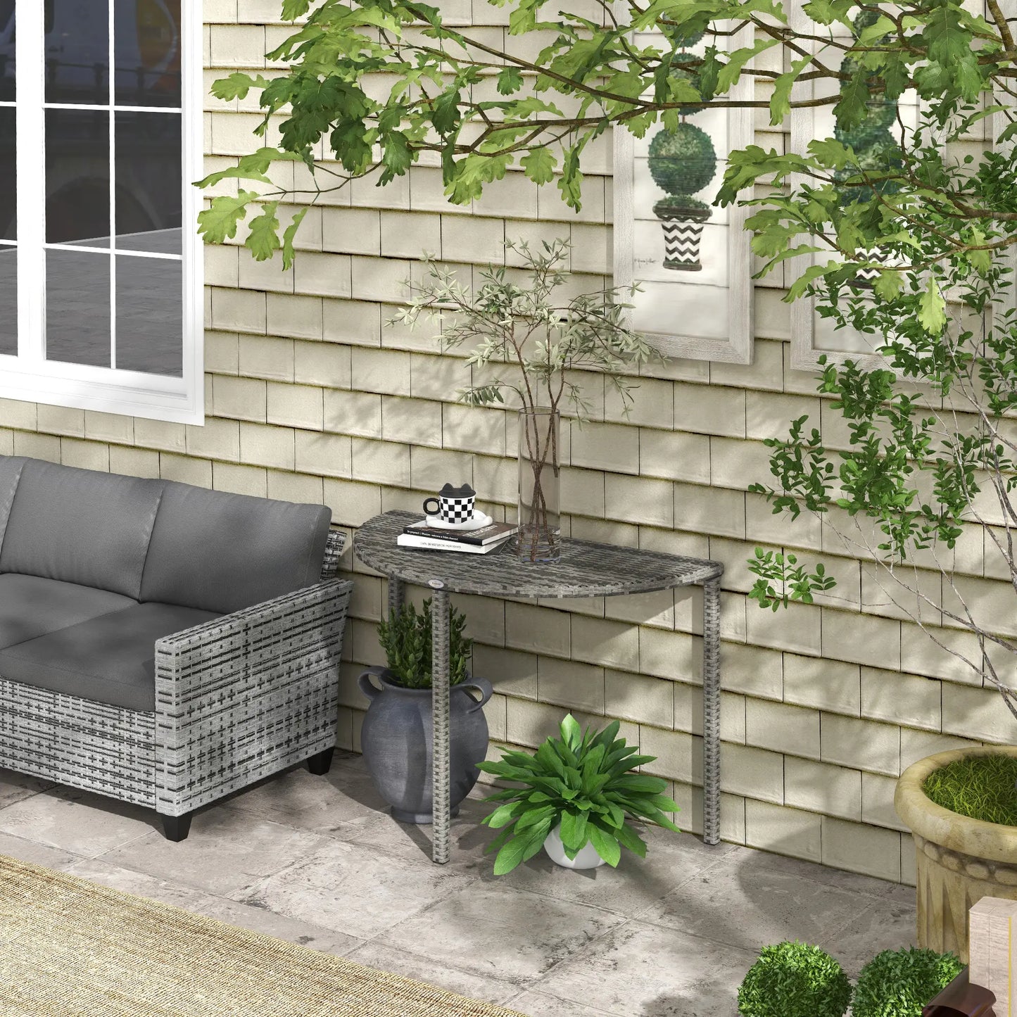 Half Round Side Table, PE Rattan Coffee Table, Metal Frame, Grey Patio Side Tables at Gallery Canada