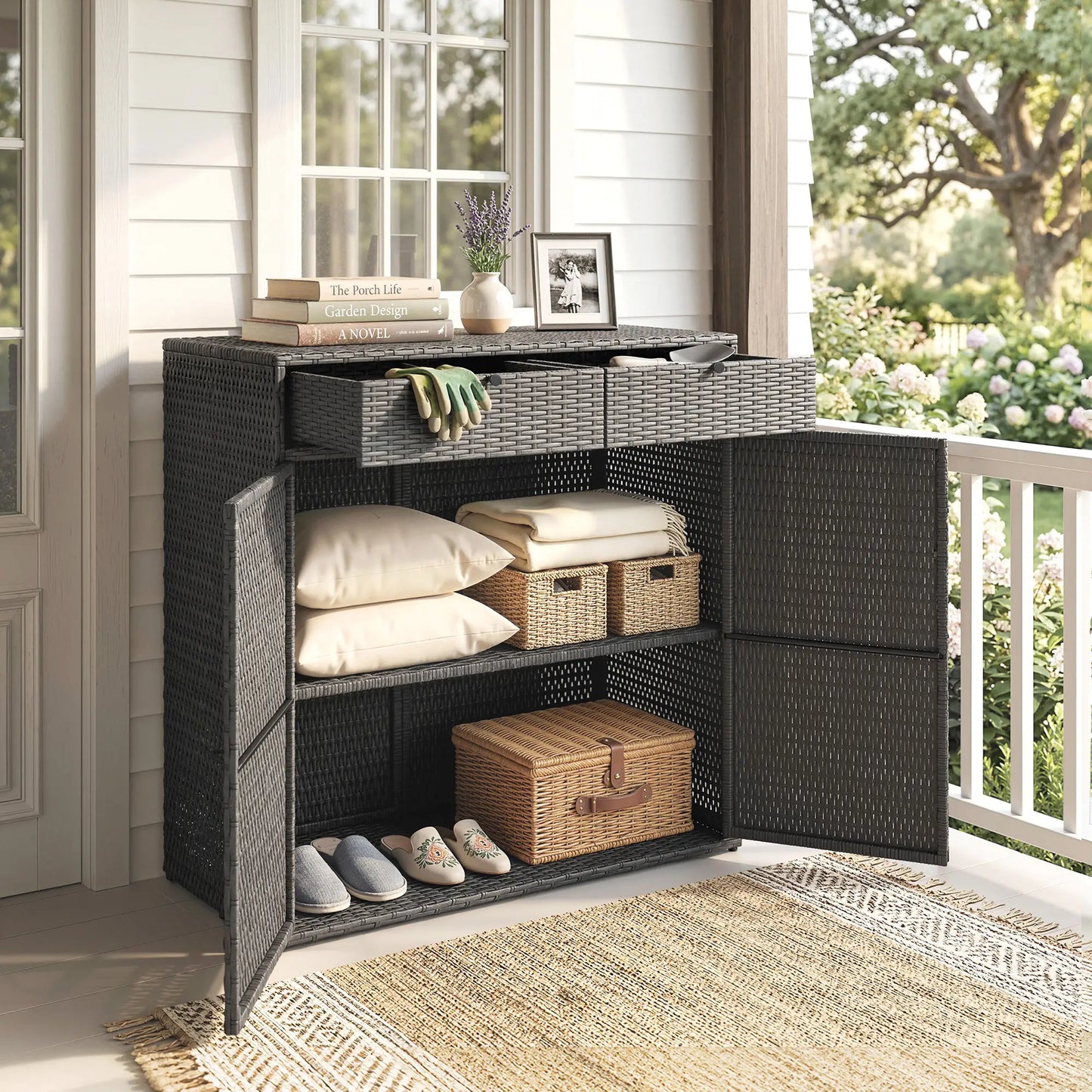 Wicker Outdoor Storage Cabinet, 2 Doors, Drawers, 2-Tier Shelf, Dark Grey Patio Storage Boxes at Gallery Canada