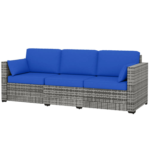 3-Seater Outdoor Sofa with Cushions, PE Rattan, Blue