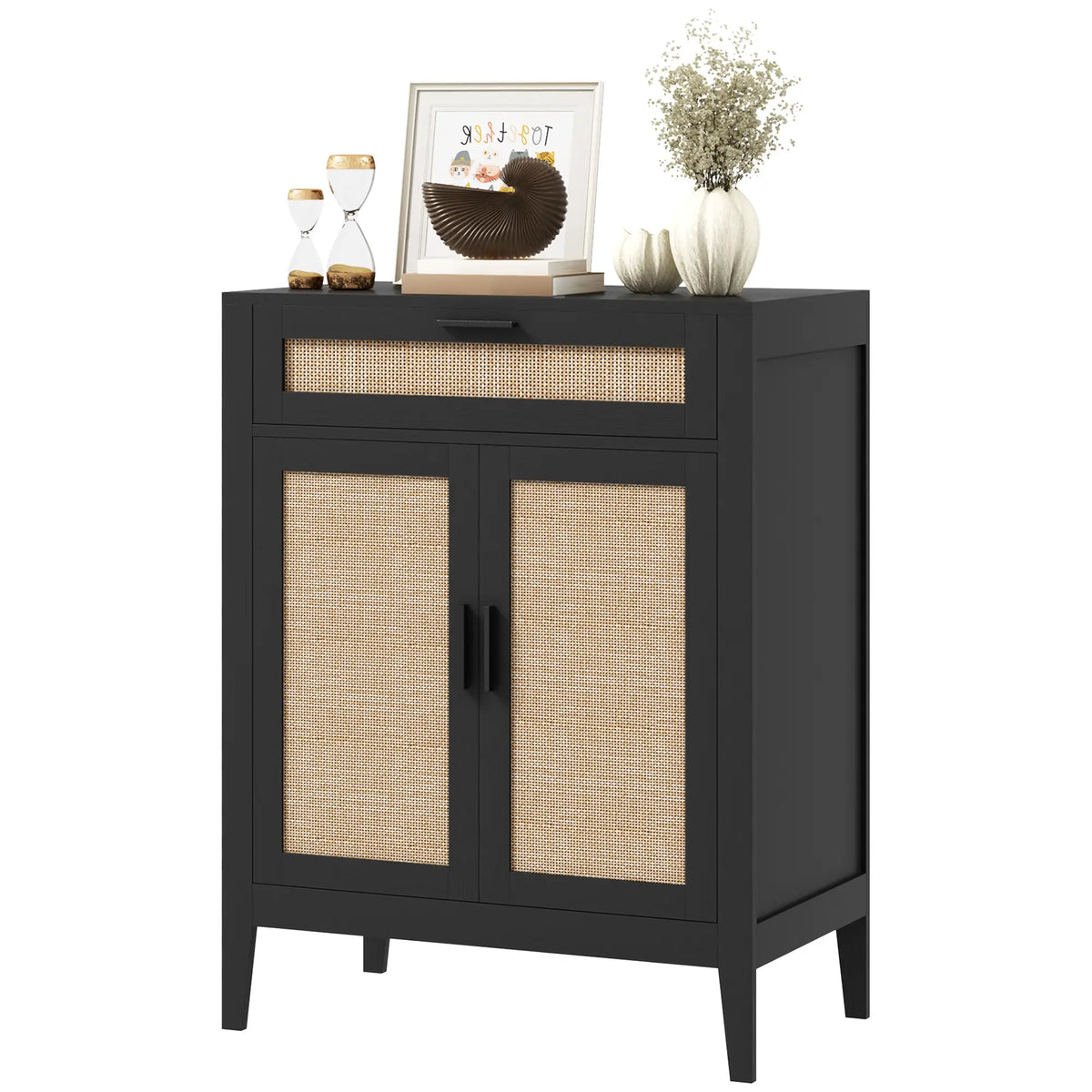 Boho Kitchen Sideboard, 2 Rattan Doors, Drawer, Black Storage Cabinets Black, Nature Wood at Gallery Canada
