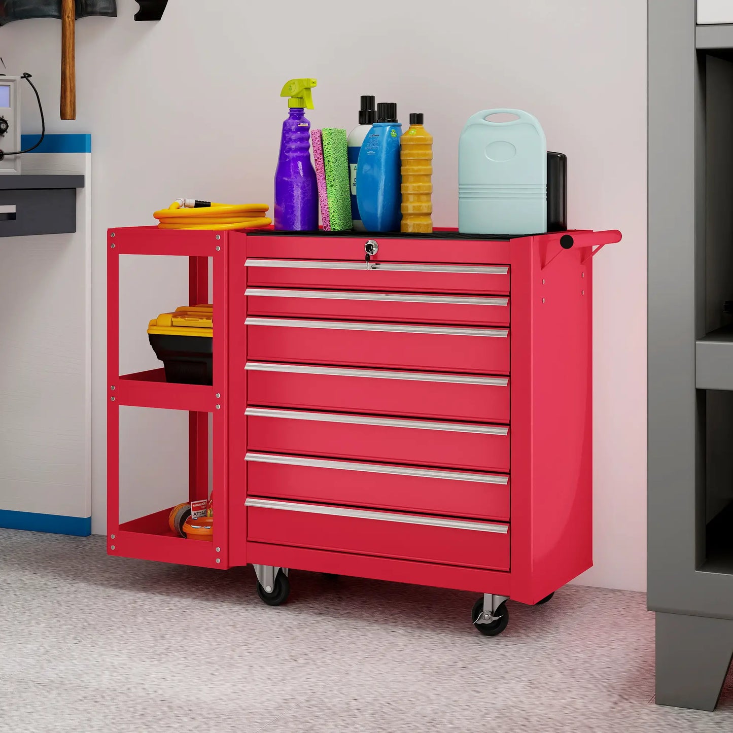 Coffre à outils roulant à 7 tiroirs, armoire verrouillable avec étagère latérale, rouge