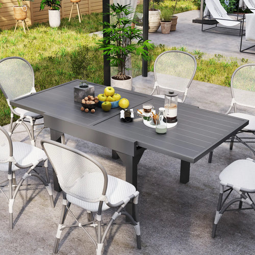 35-71 Inch Extendable Aluminum Outdoor Dining Table, Slatted Top, Grey