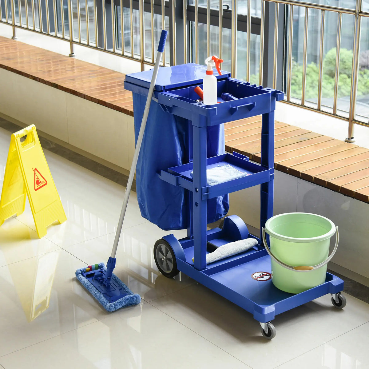 Commercial Janitorial Cart, 3 Tier Shelves, Cleaning Trolley, Rubbish Bag, Mop Mount, Blue Household Supplies at Gallery Canada