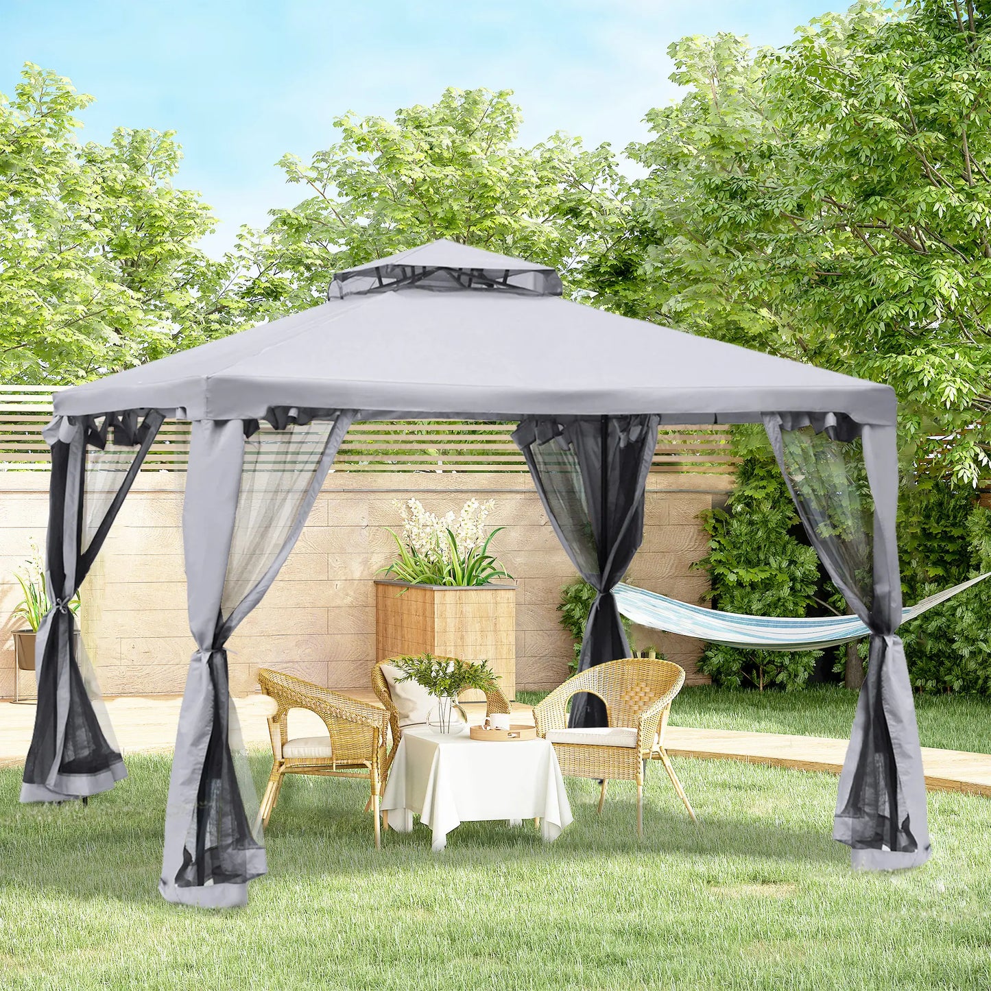 10' x 10' Gazebo, Steel Frame, Mosquito Netting, Grey Gazebos at Gallery Canada