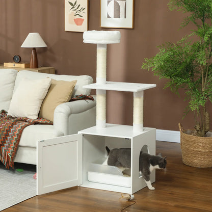 Cat Tree with Litter Box, Scratching Posts, Large Platform, Bed, White Cat Litter Box Enclosures at Gallery Canada