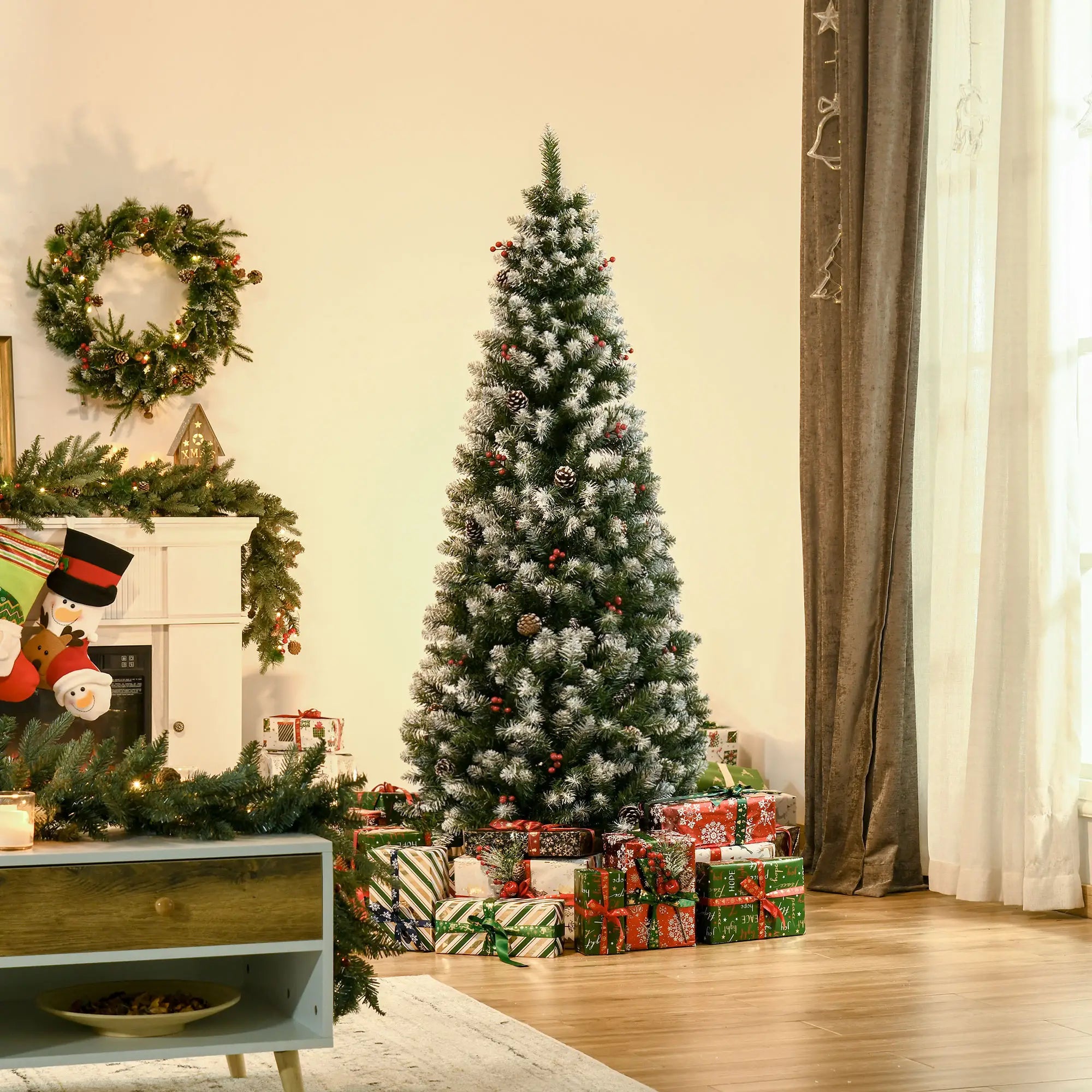 6ft Flocked Christmas Tree, Red Berries Pine Cones, Pencil Shape, Green Flocked Christmas Trees at Gallery Canada
