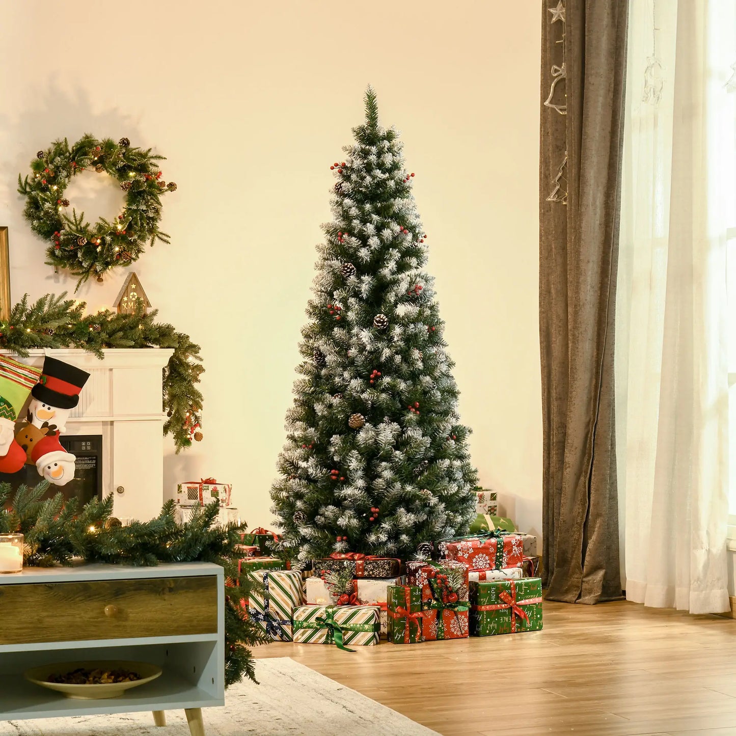 6ft Flocked Christmas Tree, Red Berries Pine Cones, Pencil Shape, Green Flocked Christmas Trees at Gallery Canada