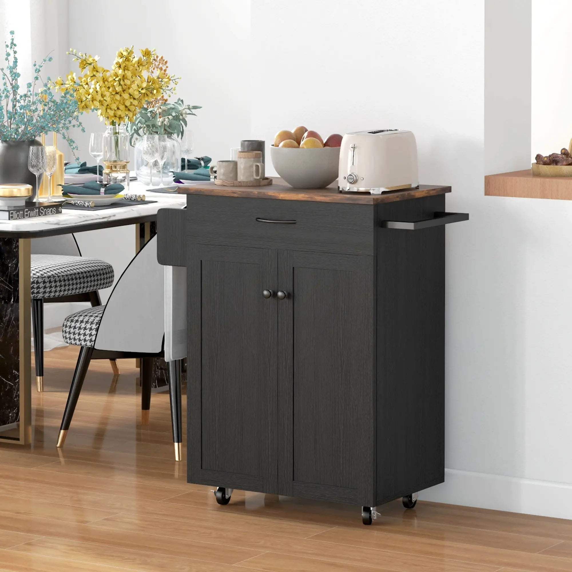 Modern Rolling Kitchen Island Cart, Natural Wood Top, Distressed Black, Black Kitchen Islands & Kitchen Carts at Gallery Canada