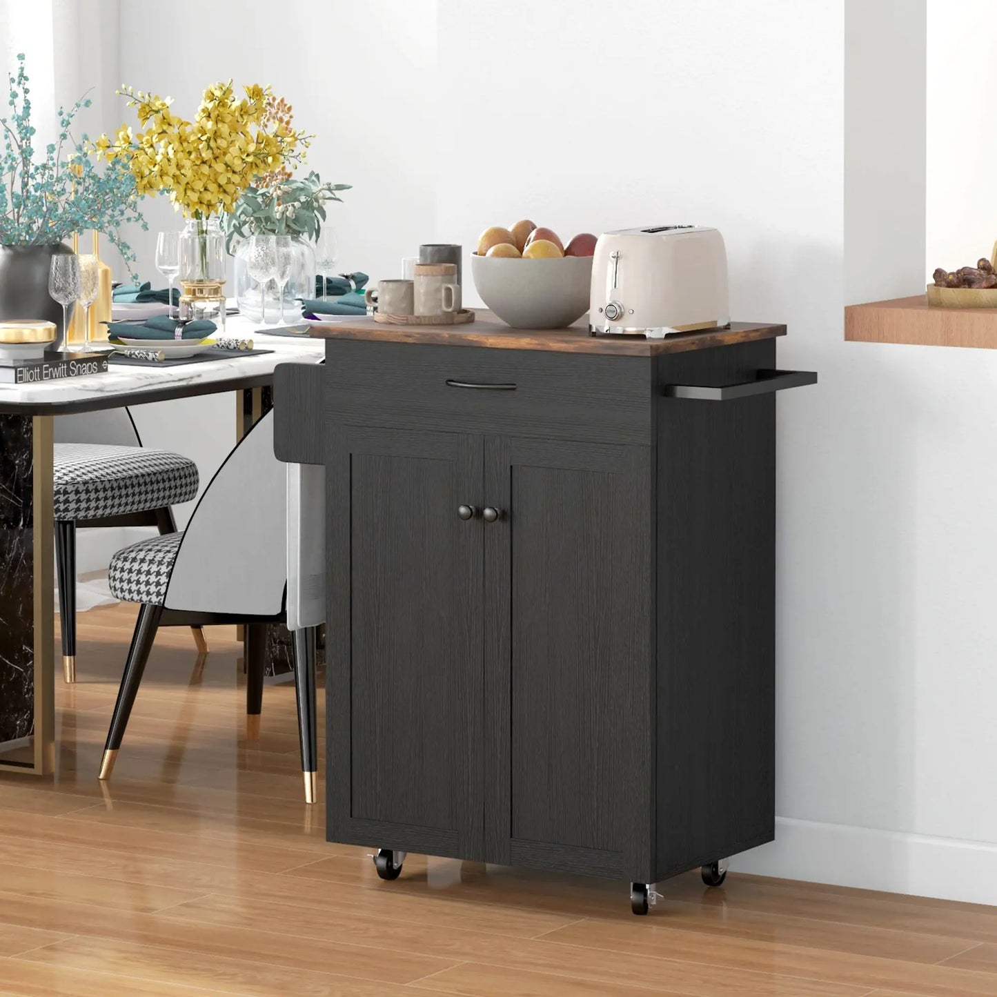 Modern Rolling Kitchen Island Cart, Natural Wood Top, Distressed Black, Black Kitchen Islands & Kitchen Carts at Gallery Canada