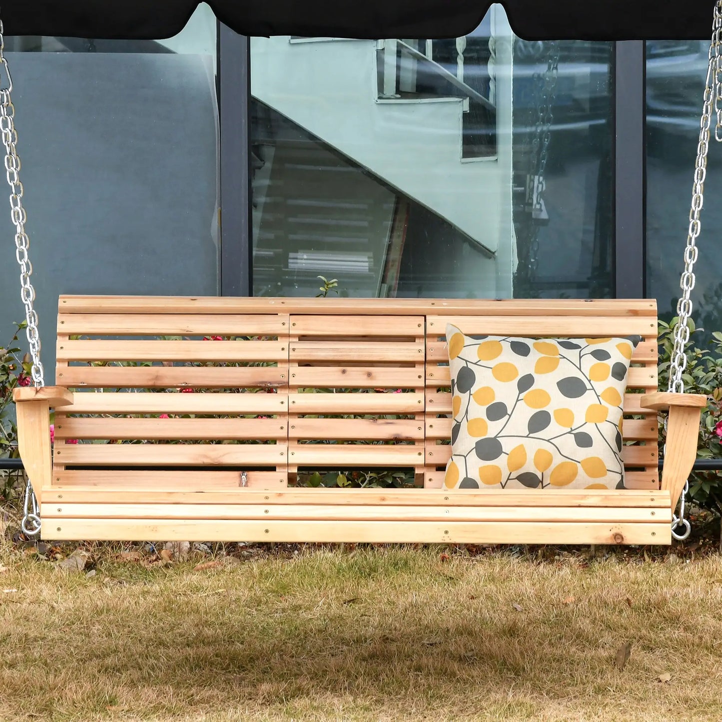 3 Seater Wood Patio Swing, Foldable Table, Cup Holders, Steel Chains, Natural Hanging Porch Swings at Gallery Canada