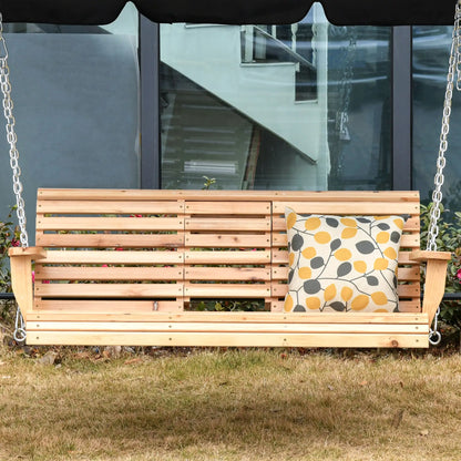 3 Seater Wood Patio Swing, Foldable Table, Cup Holders, Steel Chains, Natural Hanging Porch Swings at Gallery Canada