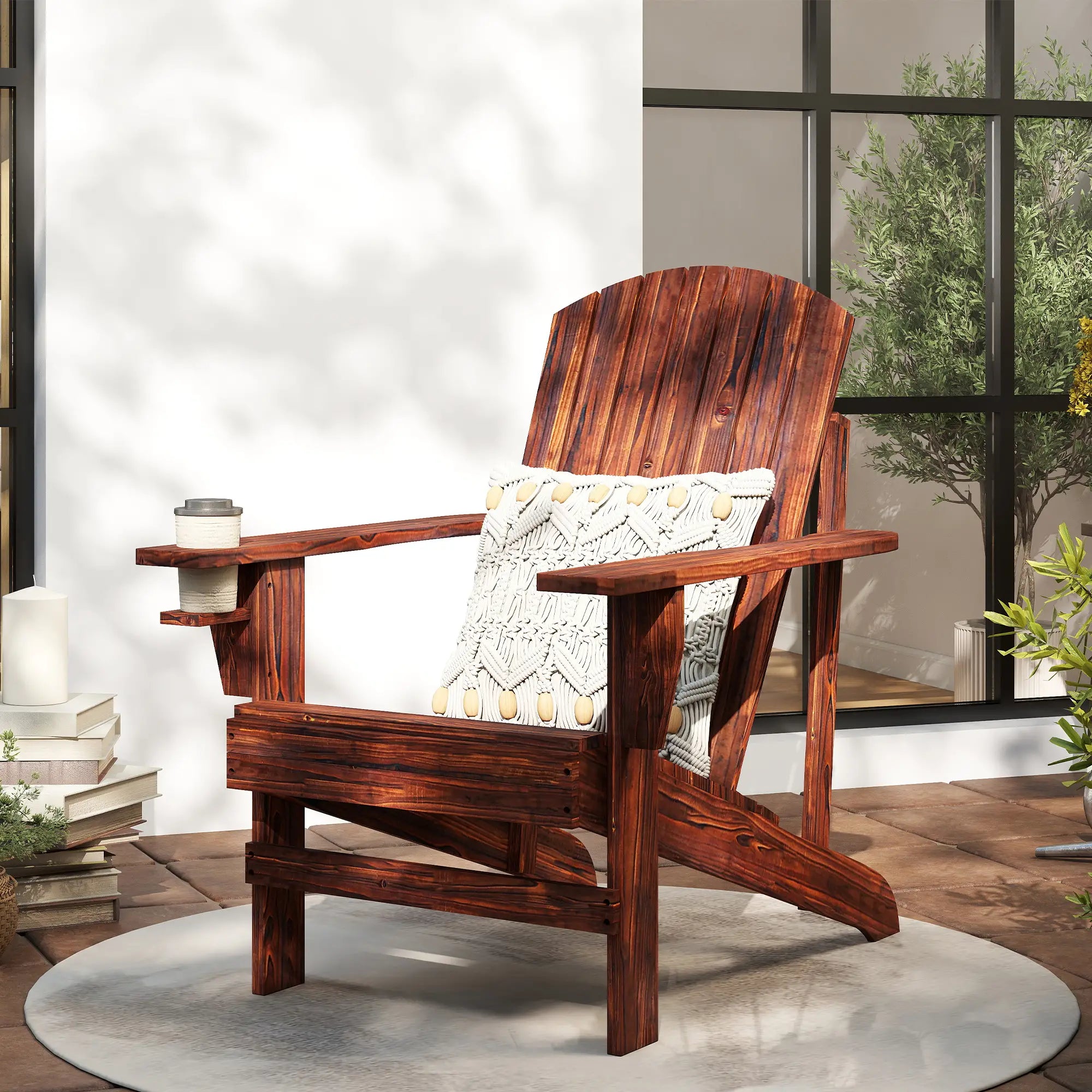 Classic Adirondack Chair, Garden Deck Chair with Cup Holder, Brown Patio Chairs at Gallery Canada