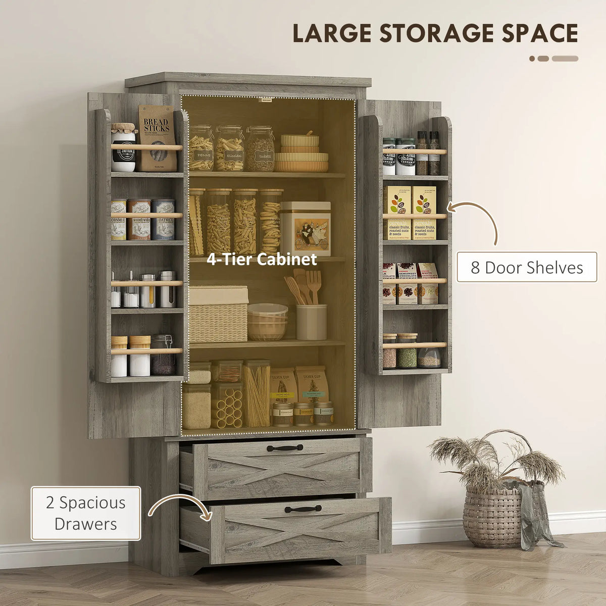 Farmhouse Kitchen Pantry Cabinet, 64" Freestanding with Drawers, Distressed Grey, Grey Kitchen Pantry Cabinets at Gallery Canada