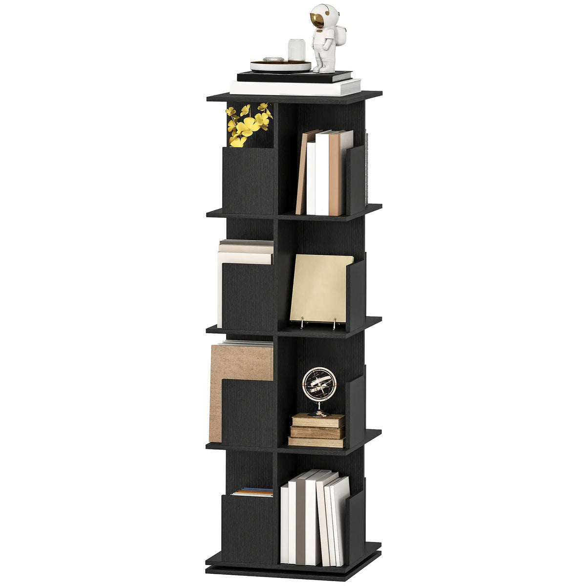 360° Rotating Bookcase, 4 Tier Bookshelf with 16 Cubbies, Black Wood Grain, Black Display Bookshelves Black Wood Grain at Gallery Canada