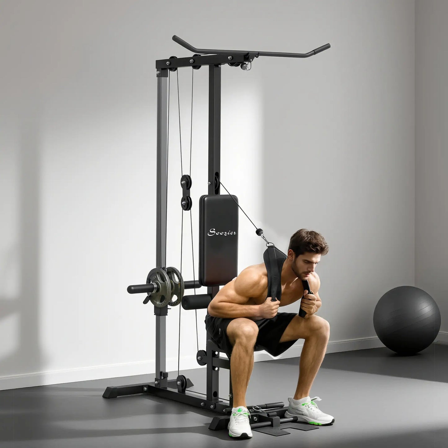 Lat Pull Down Machine, High Low Pulley, Adjustable Seat, Flip-Up Footplate, Black Power Towers at Gallery Canada