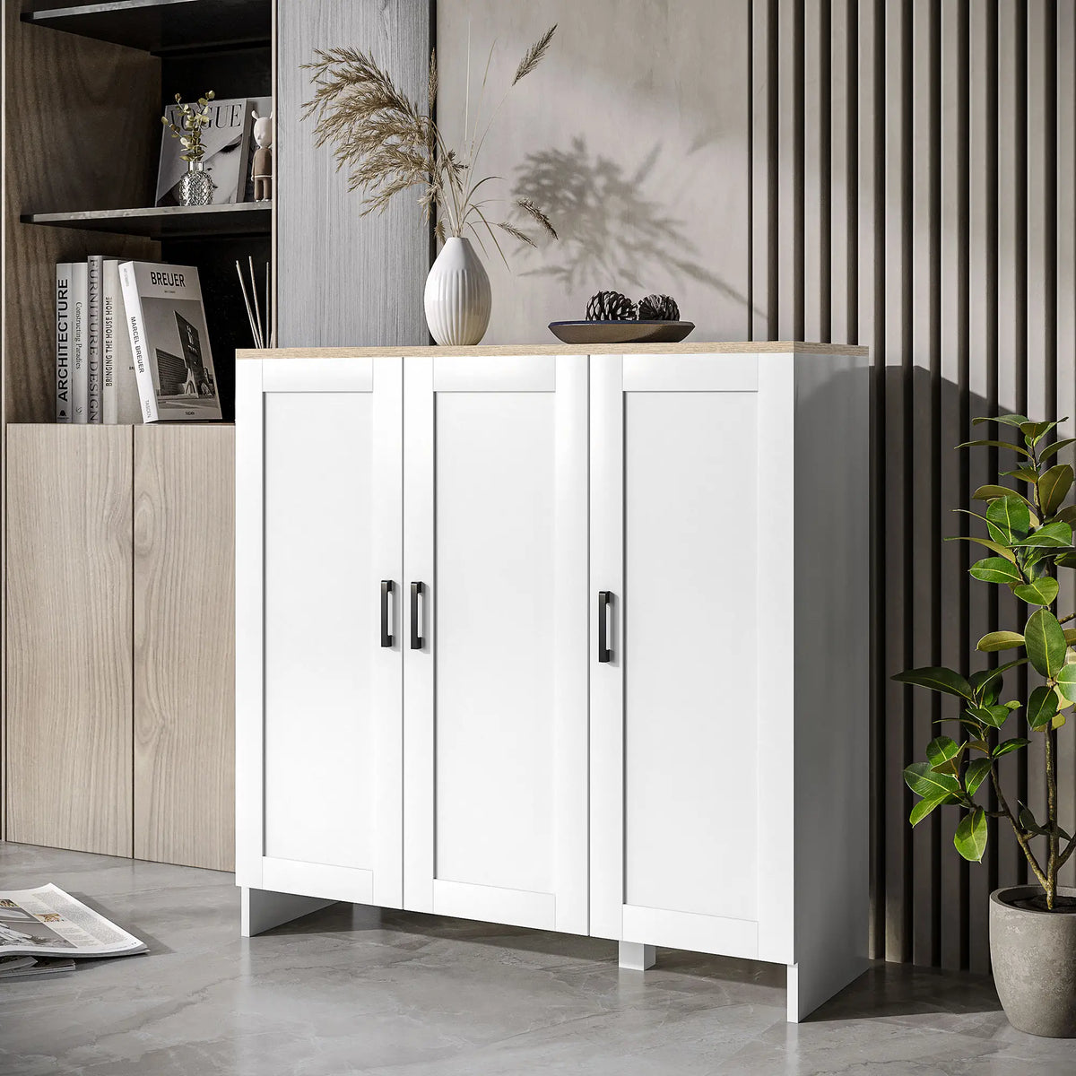 Modern Sideboard Buffet Cabinet, 3 Doors Adjustable Shelves, White Bar Cabinets at Gallery Canada