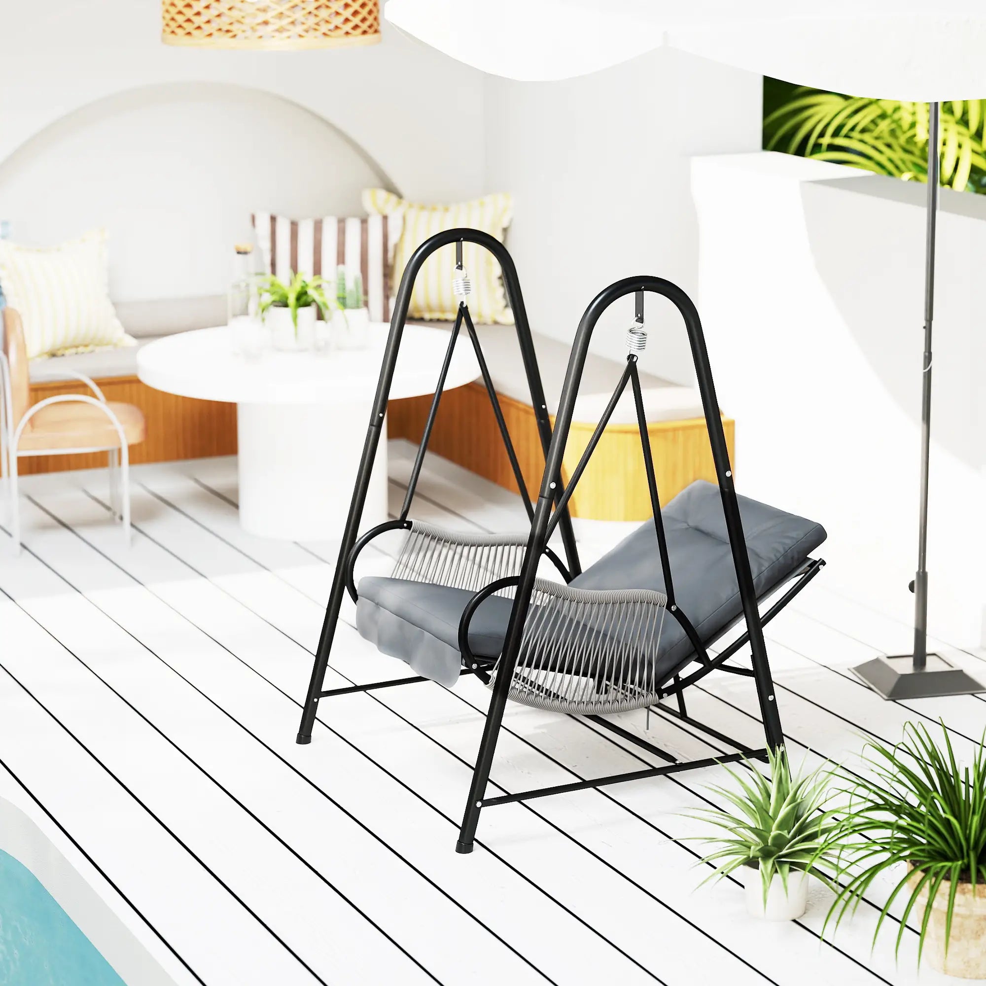 Rattan Hammock Chair with Stand, Seat Cushion, Light Grey Patio Swings with Stand at Gallery Canada