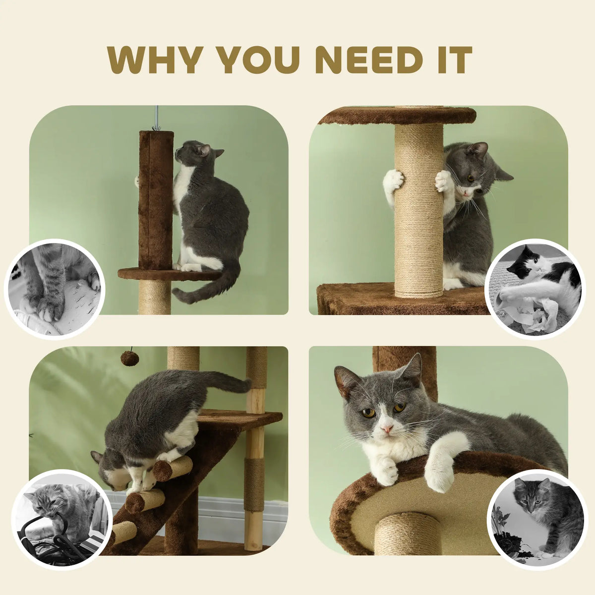 89"-104" Cat Tree with Scratching Post, Cat House, 3-Steps, Hanging Ball, Brown Floor to Ceiling Cat Trees at Gallery Canada