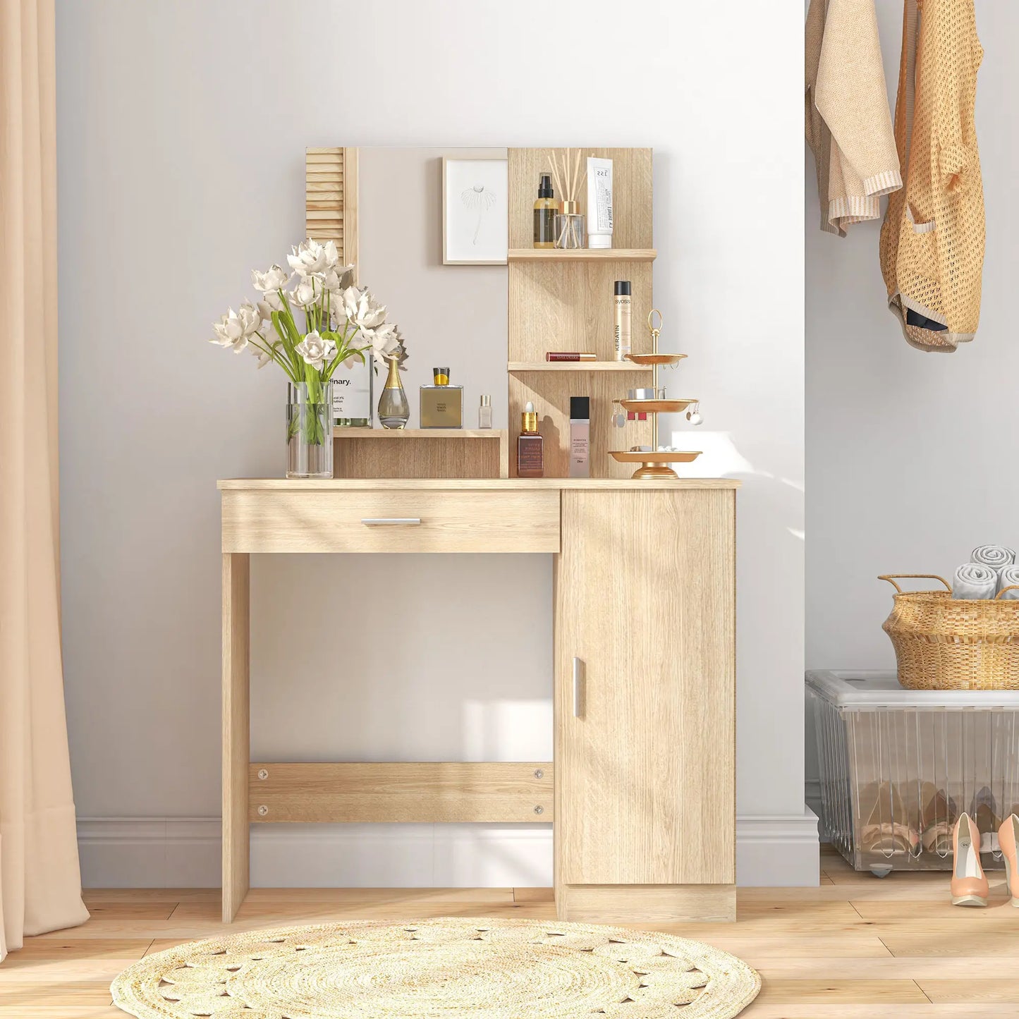Vanity Table with Mirror, Drawer, Storage Shelves, 35.4 x 15 x 54.3 Inches, Natural Wood Dressing & Vanity Tables at Gallery Canada